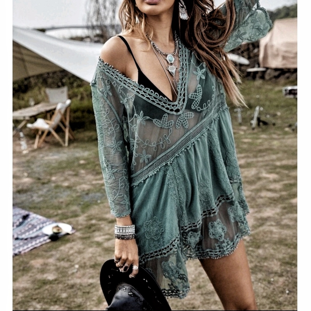 New Boho Embroidered Lace Cover Up Tunic Top Dress Sheer Mesh Floral Green